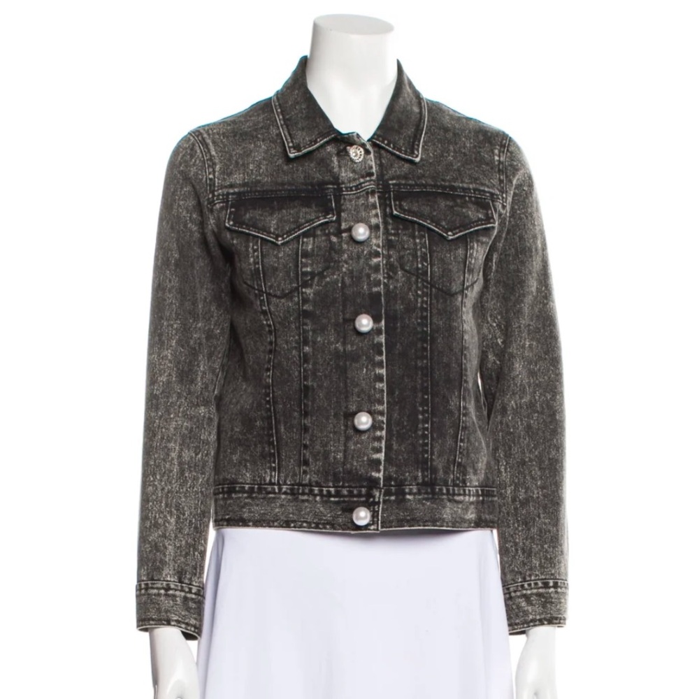 ADAM LIPPES STRETCH BLACK DENIM TWILL JACKET WITH PEARL BUTTONS